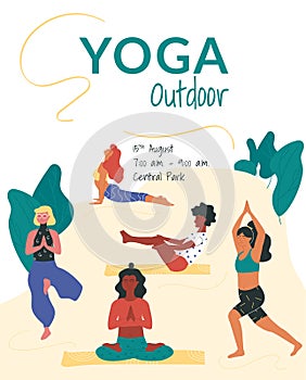 Vector poster template with women taking such yoga poses as boat, tree, cobra, warrior and burmese poses