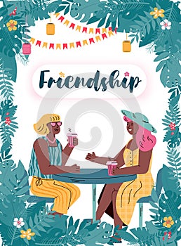 Vector poster with two female friends relaxing on summer vacation