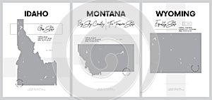 Vector posters with highly detailed silhouettes of maps of the states of America, Division Mountain - Idaho, Montana, Wyoming -