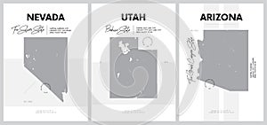 Vector posters with highly detailed silhouettes of maps of the states of America, Division Mountain - Nevada, Utah, Arizona - set