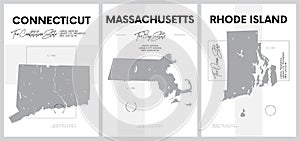 Vector posters with highly detailed silhouettes of maps of the states of America, Division New England - Connecticut,