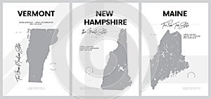 Vector posters with highly detailed silhouettes of maps of the states of America, Division New England - Vermont, New Hampshire,