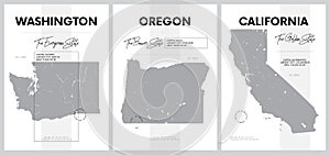 Vector posters with highly detailed silhouettes of maps of the states of America, Division Pacific - Washington, Oregon,