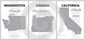Vector posters with highly detailed silhouettes of maps of the states of America, Division Pacific - Washington, Oregon, photo