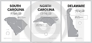Vector posters with highly detailed silhouettes of maps of the states of America, Division South Atlantic - South Carolina, North