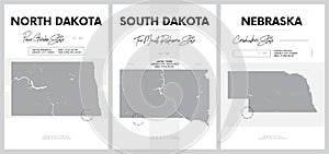 Vector posters with highly detailed silhouettes of maps of the states of America, Division West North Central - North Dakota,