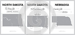 Vector posters with highly detailed silhouettes of maps of the states of America, Division West North Central - North Dakota, photo