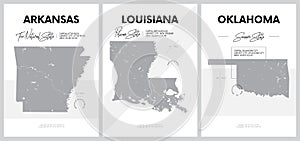 Vector posters with highly detailed silhouettes of maps of the states of America, Division West South Central - Arkansas,