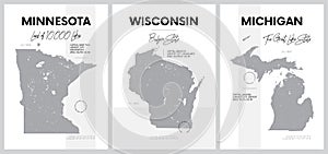 Vector posters with highly detailed silhouettes of maps of the states of America, The Great Lakes region - Minnesota, Wisconsin,