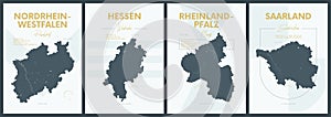 Vector posters with highly detailed silhouettes maps states of Germany - Nordrhein-Westfalen, Hessen, Rheinland-Pfalz, Saarland -