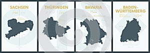 Vector posters with highly detailed silhouettes maps states of Germany - Sachsen, ThÃ¼ringen, Bavaria, Baden-WÃ¼rttemberg - set 4