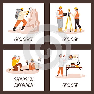 Vector posters set geologist and technical equipment for excavation, research, measurement, science geological discovery