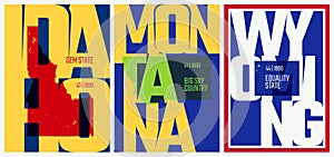 Vector posters states of the United States with a name, nickname, date admitted to the Union, Division Mountain - Idaho, Montana, photo