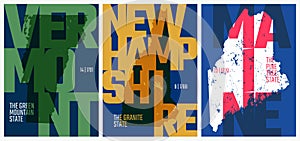 Vector posters states of the United States with a name, nickname, date admitted to the Union, Division New England - Vermont, New photo