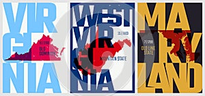 Vector posters states of the United States with a name, nickname, date admitted to the Union, Division South Atlantic - Virginia, photo