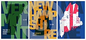 Vector posters states of the United States with a name, nickname, date admitted to the Union, Division New England - Vermont, New