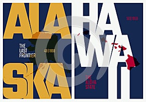 Vector posters states of the United States with a name, nickname, date admitted to the Union, Division Pacific - Alaska, Hawaii -