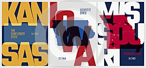 Vector posters states of the United States with a name, nickname, date admitted to the Union, Division West North Central - Kansas