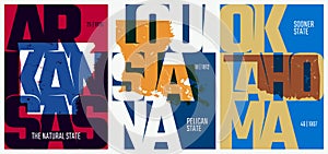 Vector posters states of the United States with a name, nickname, date admitted to the Union, Division West South Central -