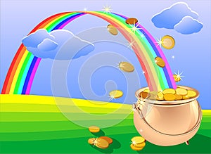 Vector Pot of gold coins and rainbow on the field