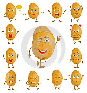 Vector potato character with a face and different emotions.