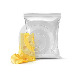 Vector Potato Ripple Crispy Chips with Cheese and Vertical Sealed Empty Plastic Foil Bag for Package Design