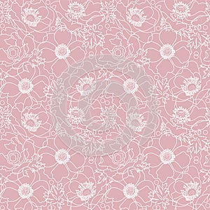 Vector powdery pink lace flowers poppy elegant seamless pattern background with hand drawn white line art floral elements