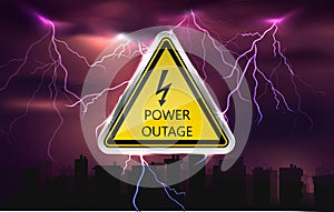 Vector power outage background with warning sign and dars city siluettes