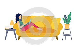 Vector Pregnant Woman Working on Sofa from Home, Remote Job Concept Interior Room Sofa Illustration Isolated