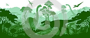 Vector prehistoric seamless jungle background with dinosaurs: Albertosaurus, Kentrosaurus