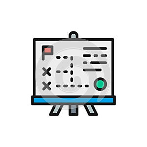 Vector presentation with diagram, training flat color line icon.