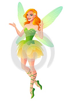 Vector presenting fairy with wings in green dress shows OK.