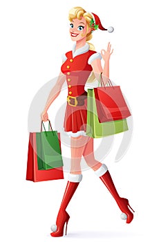 Vector pretty woman in Santa outfit shopping and showing OK.