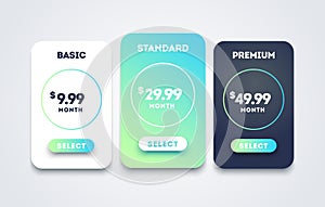 Vector pricing table set design for business. Price plan web hosting or service. Table chart comparison of tariff.