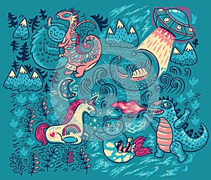 Vector print with fantastic creatures