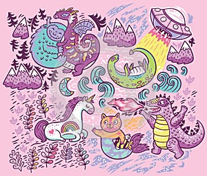 Vector print with fantastic creatures isolated on pink background