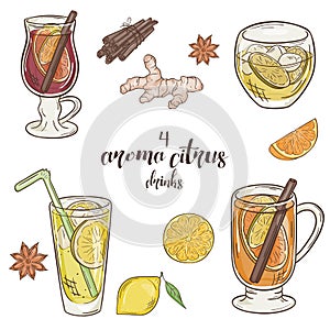 Vector printable illustration with set of cup of citrus drinks. Contains mulled wine, punch, lemonade and grog photo