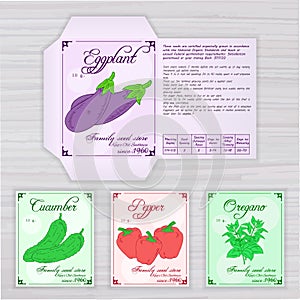 Vector printable template of seed packet with image, name and description of vegetables on wooden backdrop. Contains eggplant, cuc