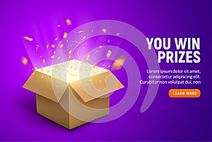 Vector prize gift box confetti explosion background. Open box winner reward