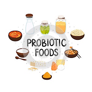 Vector probiotic foods. Best sources of probiotics. Beneficial bacteria improve health. Design is for label, brochure photo