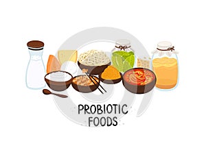 Vector probiotic foods. Best sources of probiotics. Beneficial bacteria improve health. Design is for label, brochure photo