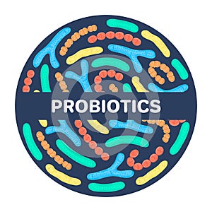 Vector probiotics in circular shape. Bifidobacterium, lactobacillus, streptococcus thermophilus, lactococcus