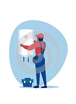 Vector of a professional plumber man installing a water heater