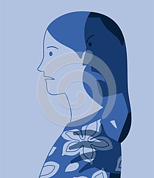 Vector profile portrait of young woman oppressed by fear of male violence represented as a dark and aggressive silhouette