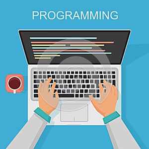 Vector programming, coding web development concept. Programmer top view with screen code.