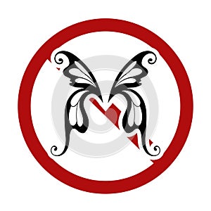 Vector prohibition sign with silhouette of butterfly wings. Insects are banned. Sticker for dichlorvos. Black silhouette wings in