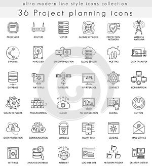 Vector Project planning strategy ultra modern outline line icons for web and apps.