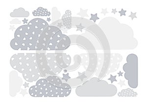 Pastel grey clouds and stars vector collection with hearts for kids .Cloud computing decoration pack.Baby shower stickers set.