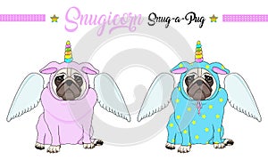 Vector pug puppy dog sitting down, wearing pink and blue jumpsuit with unicorn horn with rainbow colors and angel wings