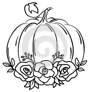 Vector pumpkin with roses, boho flowers.